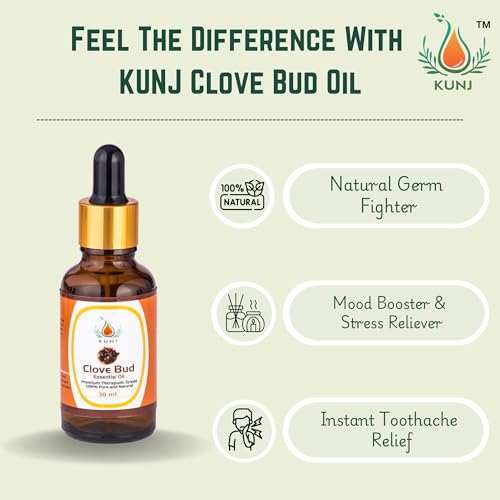 Image of KUNJ Clove Bud Oil (Syzygium aromaticum) 30ML - 100% Pure & Natural, Steam Distilled - Therapeutic Grade Oil for Natural Germ Protection, Aromatherapy & Skin Care