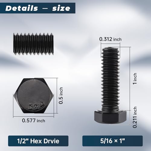 Image of Glvaner 5 /16-18 x 1 inch Stainless Steel Hex Head Screws Bolts, Black Coated, 304 Stainless Steel 18-8, Hexagon Head Bolts, Full Thread, 12 pcs
