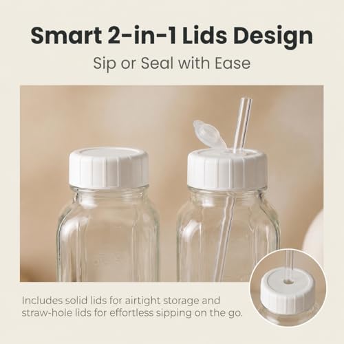 Image of Ruckae 16oz 10 Pack Glass Juice Bottles with Lids - Reusable Square Glass Juice Bottles with Leak-Proof Lid & Capacity Marks for Containers Juice,Milk,Smoothies