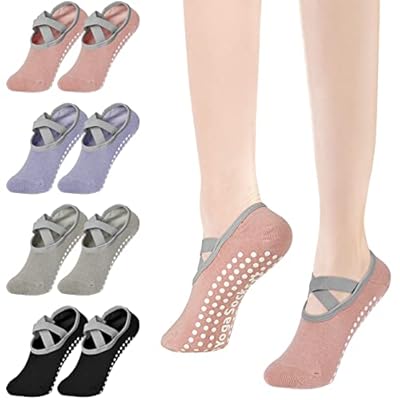 flintronic 4 Par Calcetines Pilates Yoga Pilates Calcetines Antideslizantes Mujer pour Yoga Fitness Antideslizantes Calcetines para Pilates Fitness- Negro + Gris + Rosa + Púrpura