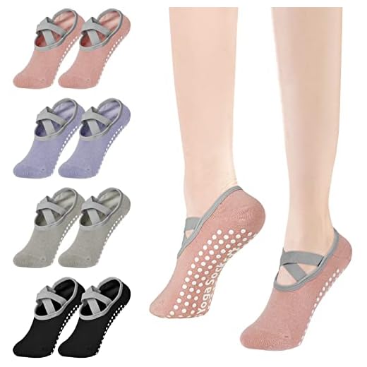 flintronic 4 Par Calcetines Pilates Yoga, Pilates Calcetines Antideslizantes Mujer pour Yoga, Fitness Antideslizantes Calcetines, para Pilates, Fitness- Negro + Gris + Rosa + Púrpura