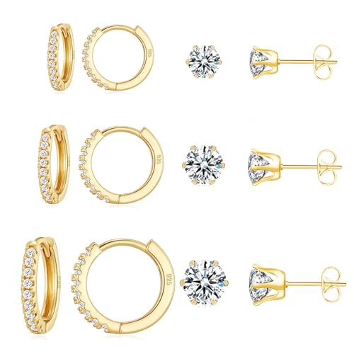 KesaPlan Huggie Hoop and Stud Earrings Set 14K Gold Plated 925 Sterling Silver Post Cartilage Piercing Earrings Gold Stud Earrings Set Women/Men