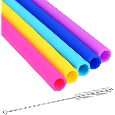 Reusable Silicone Drinking Straws - Set of 5 - BPA Free - Free Cleaning Brush Included - Work with 20 or 30oz Tumblers, Bubba & Yeti Mugs - Great Gift for Smoothies Lovers Cover