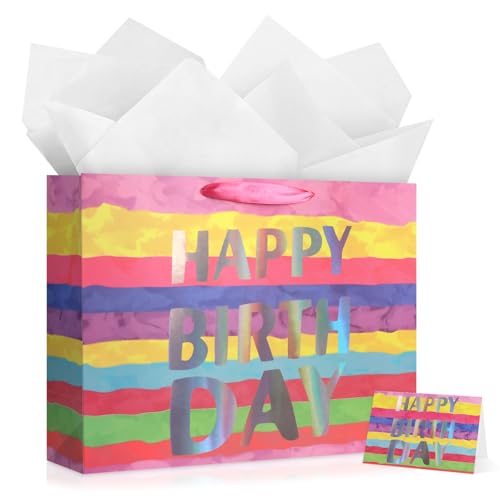 Image of JMANNI Large Happy Birthday Gift Bag with Tissue Papers and Greeting Card,Portable Paper Gift Bags with Handles, Colorful Present Bags for Women Girls Birthday Party Supplies 13 inch x 10.2 inch x 4.7 inch