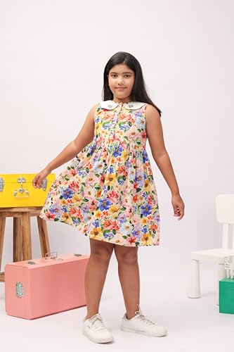 Image of Kids Girls Printed Embroidered Fusion Dress | Handmade Crafted Designer Ethnic Wear | 100% Cotton