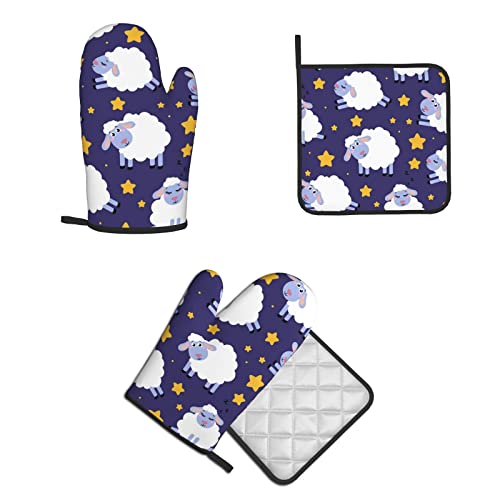 Sheep Printed Oven Mitts And Pot Holders Sets (2-Piece Set) With Durable Heat Resistant For Bbq, Baking, Cooking #TOP6