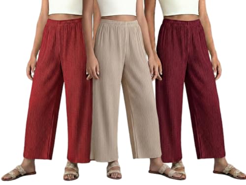 Image of Set of Combo Trouser and Pants for Girls and Women's Relaxed Fit Stretchable Regular Fit Palazzos Lightweight Elastic Waistband Bottoms for Daliy Office & Casual Wear
