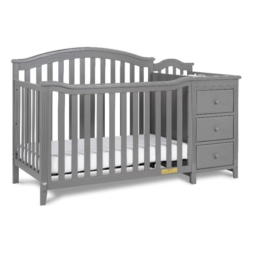 Image of Pemberly Row 4-in-1 Convertible Crib & Changer, Solid Pine Wood, Gray Finish, Changing Table with 3 Drawers and Shelves, Adjustable Mattress Support, Converts to Toddler Bed /Daybed /Full-Size Bed