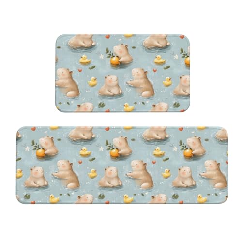GVYGVY Antifatigue Kitchen Mats for Floor 2 Piece - Cute Capybara Duck Print Kitchen Rugs Washable, Non Slip Runner Rug Standing Mat for Office/Bathroom/Laundry/Home Decor and Accessories