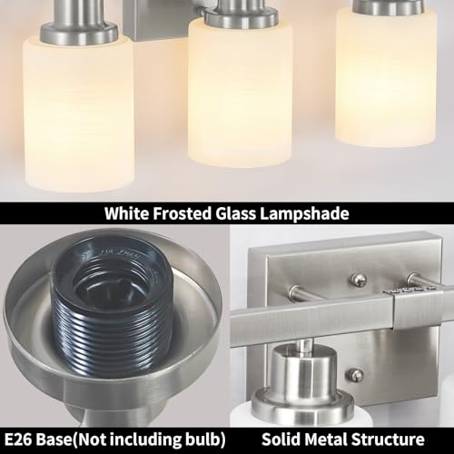 Image of Bathroom Vanity Light 4-Light Nickel Bathroom Light Fixtures 24in | White Frosted Ribbed Glass Shade Wall Lights Bath Vintage Wall Mounted Lamps for Mirror Bedroom E26 Base