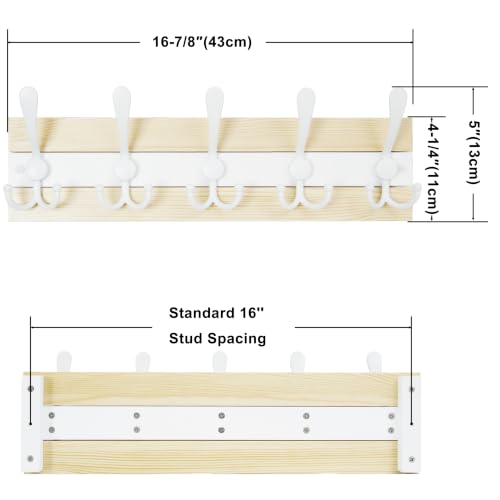 Image of SKOLOO Simple Wall Mounted Coat Rack - 17 inch Long Coat Hooks for Wall with 5 Triple Hooks for Hanging Coats, Hats or Tools - Kitchen, Mudroom, Entryway, Bathroom, Wood Natural & White