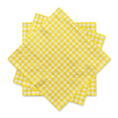 Gatherfun Party Supplies Disposable Paper Napkins Yellow and White Gingham Napkins for Easter Party3-ply 6.5X6.5 in 50-Pack)