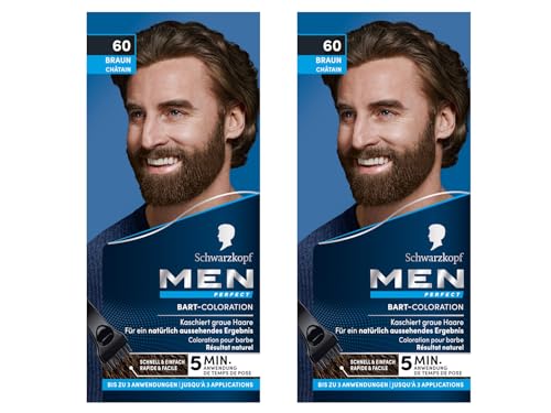 Schwarzkopf Men Perfect - Coloración para barba 60, color marrón natural, nivel 2 (2 x 30 ml), tinte para barba para ocultar las canas para un resultado natural, aplicación rápida