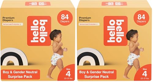Image of Hello Bello Premium Diapers, Size 4 (22-37 lbs) Surprise Pack for Boys - 84 Count, Hypoallergenic with Soft, Cloth-Like Feel - Assorted Boy & Gender Neutral Patterns (Pack of 2)