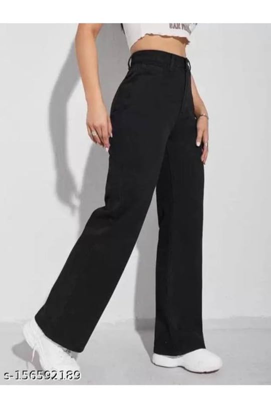 Image of Women's Cotton high-Waist Regular Fit Solid Straight Leg Jeans