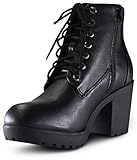 MARCOREPUBLIC Sydney Women's Round Toe Chunky Block High Heels Lace Up Military Combat Boots - (Black PU) - 7