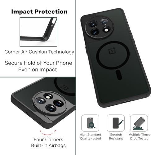 Image of RIGGEAR Shockproof Sleek Hybrid Armor Back Cover Case Compatible with MagSafe Accessories for OnePlus 11 (Smoke Black Matte PC + Black TPU Bumper)