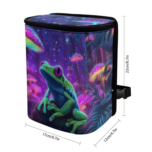Image of Talayituse Frog Mushroom Galaxy Print Car Trash Can with Lid, Leak Proof Auto Trash Bag Hanging Vehicle Garbage Can Multipurpose Storage Container for Back Seat Road Trip