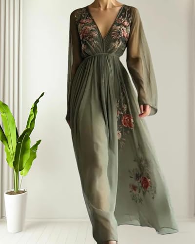 Womens Elegant Floral Embroidered Long Sleeve Maxi Dress, Deep V Neck Transparent Long Sleeves Cinched Waist Maxi Dress4