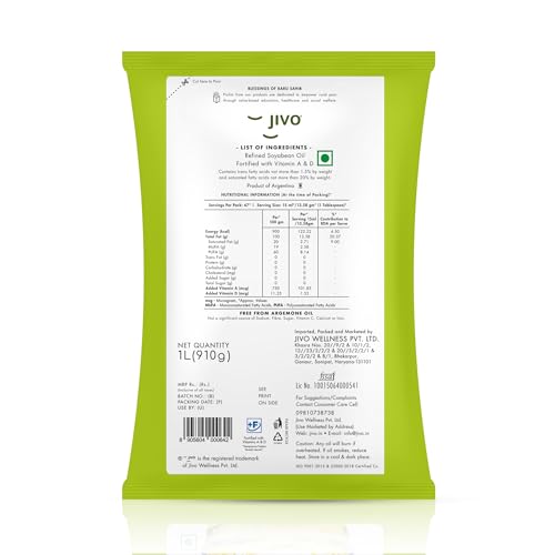 Image of Jivo Soyabean Oil Pouch 1 Litre Edible Cooking Oil for Daily Use | Ideal for Roasting, Frying, and Baking | High in Omega-3 and Low in Saturated Fat |