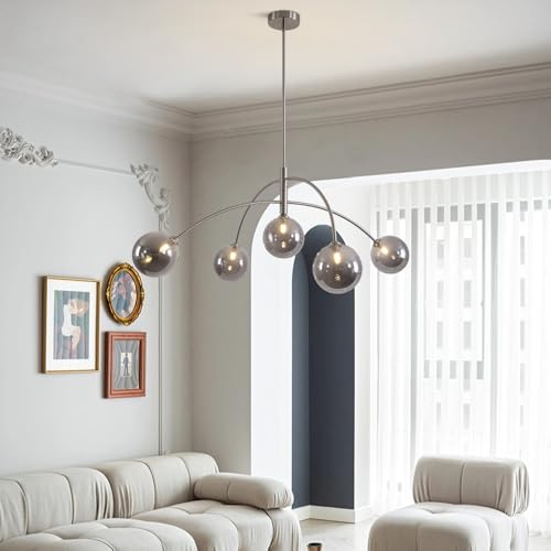 Image of Modern Silver Chandelier 5 Light Smoke Gray Semi Flush Mount Chandelier Vintage Industrial Ceiling Light for Dining Room Kitchen Bedroom Hallway