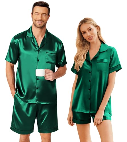 Image of Ekouaer Couple Matching Pajamas Sets Silk Short Sleeve Button Down Sleepwear Satin Pjs Shorts Set Soft Loungewear S-XXL