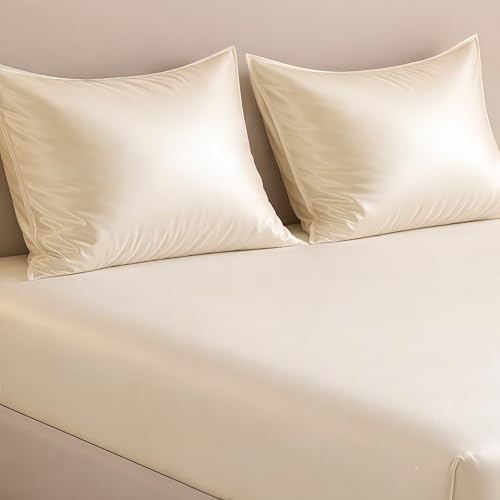 Image of Luxe Ere Elastic Fitted Satin Bedsheet Queen Size (78x60) with 2 Pillow Covers, Ultra-Smooth 300TC Silky Fabric, Perfect for Home Decor, Gifting & Romantic Escapes-Classic Ivory