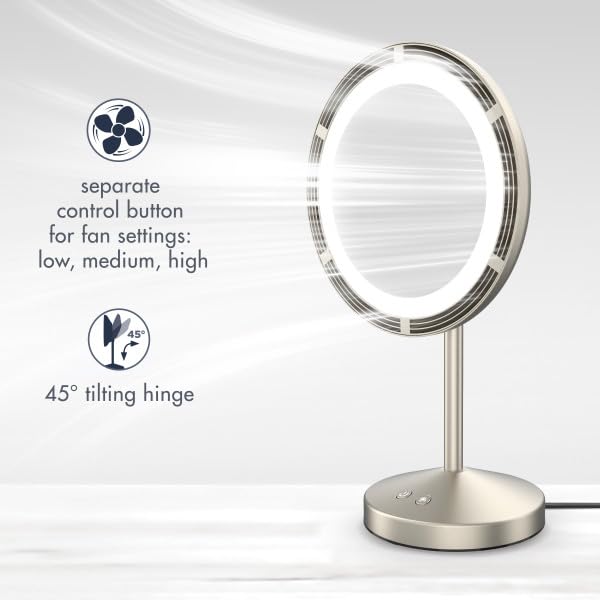 Conair LED-Lighted Fan Makeup Mirror with Spot Magnification, Vanity Mirror with Lights and Fan with 3 Settings, 6.3-Inch Viewing Area, Brushed Satin Nickel Finish