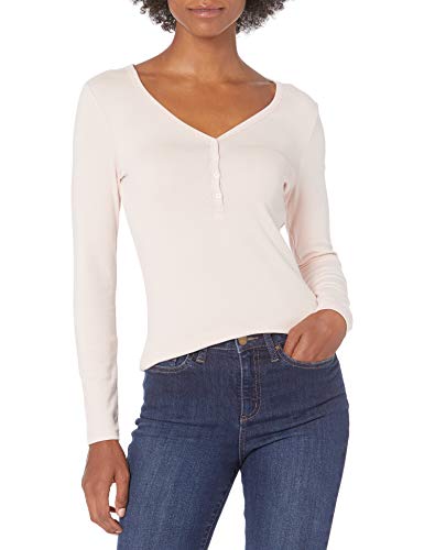 Amazon Essentials Women's Ribbed Knit Long Sleeve Henley Slim Fit T-Shirt, Light Pink, Medium