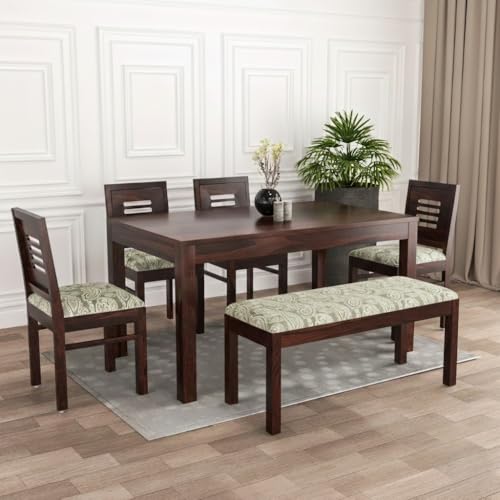 Image of RECTART Solid Sheesham Wood Dining Table Set 6 Seater for Dining Area Living Room | 4 Chair & 1 Bench | Hotel /Restaurant Dining for Six People | (Walnut-Ar-Grey, 6 Seater with Bench)