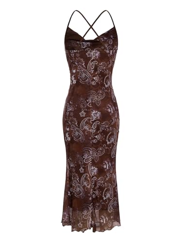 Image of SOLY HUX Women's Floral Mesh Bodycon Cami Dress Cowl Neck Sleeveless Cocktail Party Wedding Guest Long Maxi Dresses