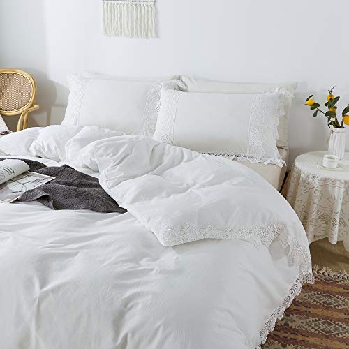 Softta Boho Twin XL Size White Lace Bedding Collection Ruffled Vintage 3pc Duvet Cover Set 100% Wahed Cotton Princess Grils Bedding Sets