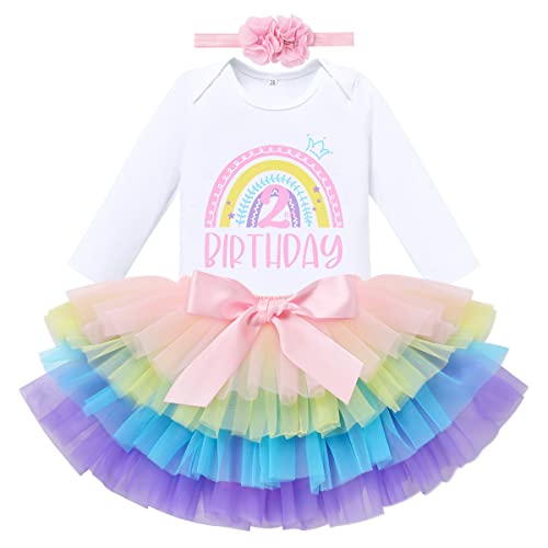 Boho Rainbow Second Birthday Outfit Girl Baby Fall Winter 2Nd Birthday Dress Toddler Long Sleeve Romper Tutu Skirt With Diaper Covers Photoshoot Bohemian Themed Party Supplies Colorful 2Nd Birthday 2T #TOP1