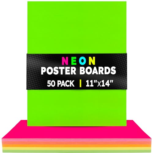 Image of Hygloss Medium Poster Board 11x14 - 50 Assorted Neon Color Bulk Pack - 10 Pt. Thickness Colored Poster Board Paper for Projects, Signs, Displays - Posterboard Multipack 11 inch x 14 inch