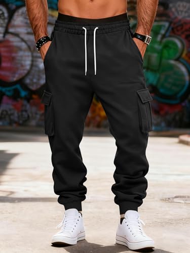 Mens Fleece Cargo Sweatpants Heavyweight Elastic Waist Pants with Pockets Baggy Drawstring Jogger Pants3