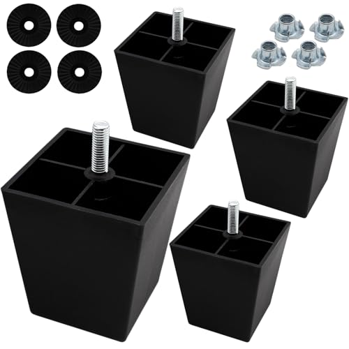 4個 3インチ プラスチック家具脚 スクエアソファ脚 ブラックソファ脚 M8スレッド (メートル法8mm) 家具脚 キャビネット交換用脚 ベッド 椅子 オットマン
