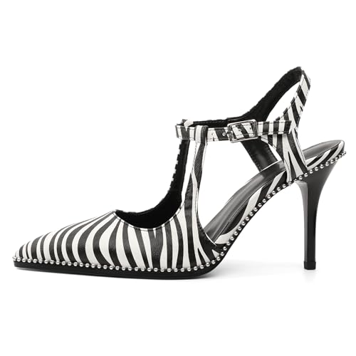 Image of SAMMITOP Womens High Heels Ankle Strap Pointed Toe Stilettos Patent Leather Beaded Pumps Dress Shoes 3.5 Inch