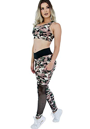 Legging Montaria Bolso Estampado Militar Detalhe Em Tela (G)