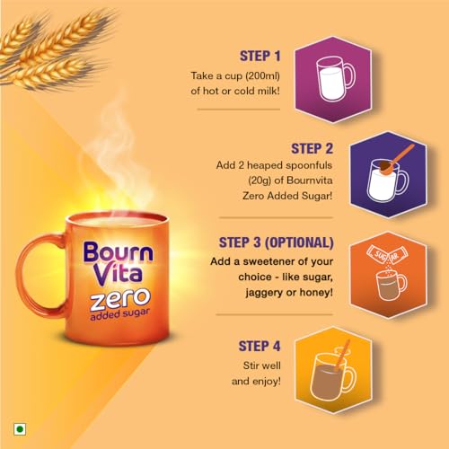 Image of Bournvita Zero Added Sugar Nutrition Drink, 500g Jar | No Added Sugar, No Added Preservatives | 19 Essential Nutrients for Strength (Pack of 2)