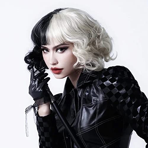 Peruca cacheada para cosplay degradê preto e branco, 150% Natural Densidade Linha do Cabelo Cor Natu