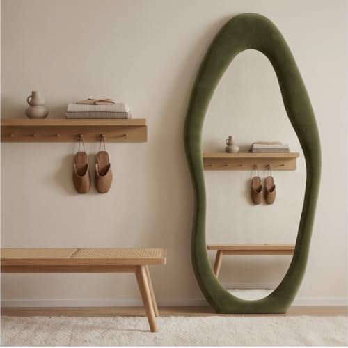 Image of The Artment Fluid Reflection Unbreakable Full-Length Asymmetrical Shape Mirror with Plush Green Velvet Frame, Floor-Standing or wall-Leaning Design for Bedroom, Dressing Area & Home (160 X 60 CM)
