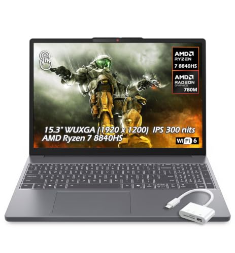 Image of Lenovo IdeaPad Slim 3 Laptop 15.3 inch WUXGA 1920 x 1200 Touchscreen, AMD Ryzen 7 8840HS 8-core, AMD Radeon 780M, 24GB DDR5, 1TB SSD, Wi-Fi 6, Bluetooth 5.3, Win 11, Luna Grey, w /USB Hub, W /GaLiMu