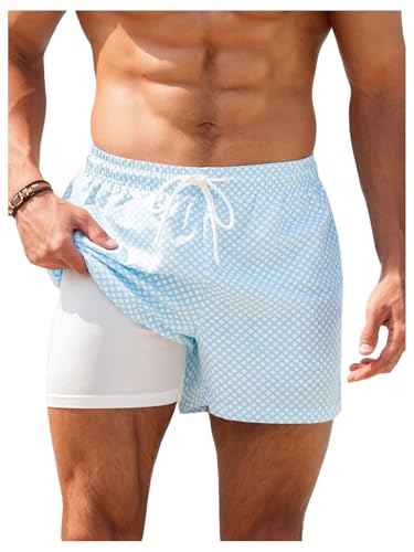 WDIRARA Men's Plaid Drawstring Waist Swim Trunks Vacation Beach Shots with Compression Liner