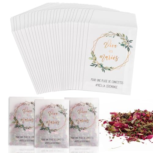 50pcs Sac de Confettis de Mariage 12x7cm Vive les mariés Imprimé Petits Sachets en Papier Glassine Sacs à Bonbons Sachet de Fleur de Pétale avec Ruban de Colle pour Mariage