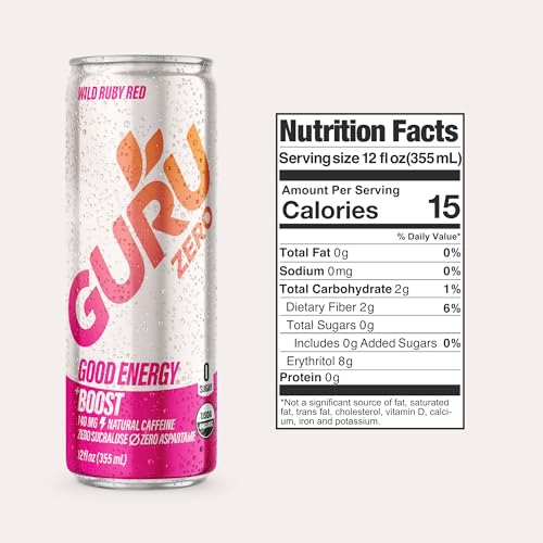 Image of GURU Zero Sugar Organic Energy Drink, Ruby Red, 12 Fl Oz, 24 Pack