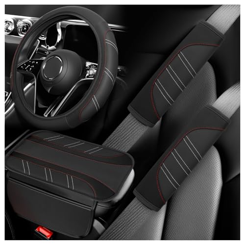 4PCS Car Accessories Set,Including Car Steering Wheel Cover & Seat Belt Cover Pad & Center Console Covers for Decorative Protection,Universal Cars Accessory Set for Sedan SUV Truck (Black)