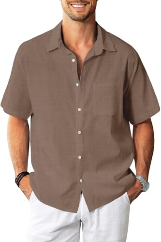 KYKU Linen Business Casual Men Light Brown Shirt Summer Clothes Mens Button Down Shirt Short Sleeve with Pocket XL