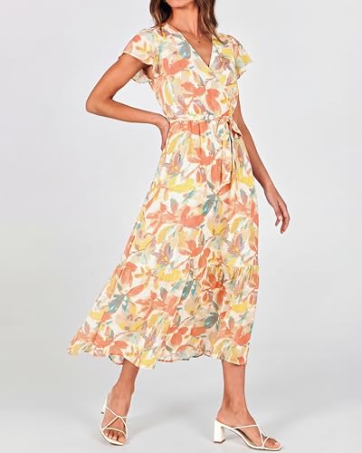 Image of BTFBM Women Summer Bohemian Floral Casual Wrap V Neck Ruffle Cap Sleeveless Belt A-Line Pleated Hem Midi Sun Dress White