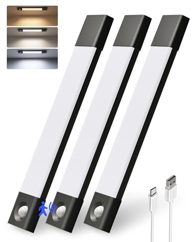 EZVALO Under Cabinet Lighting, Wireless Closet Lights, 50 LED Rechargeable Motion Sensor Light, Dimmable, 3 Color Temperatures, 11.8 in Counter Lights for Kitchen, Pantry, Wardrobe (3 Pcs, Black)
