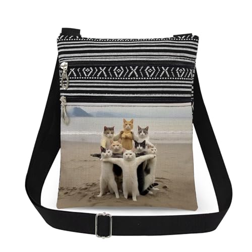 Beach Cats Art Print Crossbody Bag Adjustable Strap for Women Adult Teens Messenger Bag Playful Kitties Shoulder Purse Birthday Christmas Gift Idea